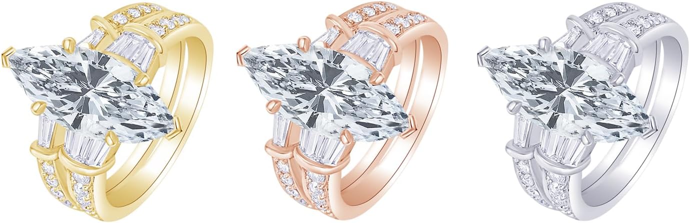 14k gold marquise cut diamond engagement ring with baguette and round brilliant accents, classic bridal set