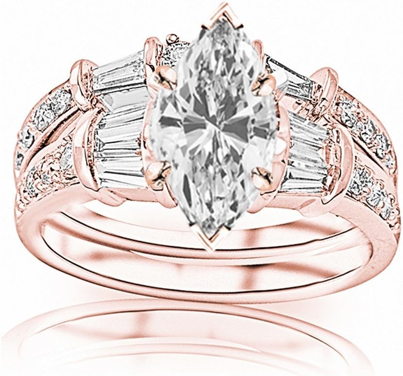 14k gold marquise cut diamond engagement ring with baguette and round brilliant accents, classic bridal set