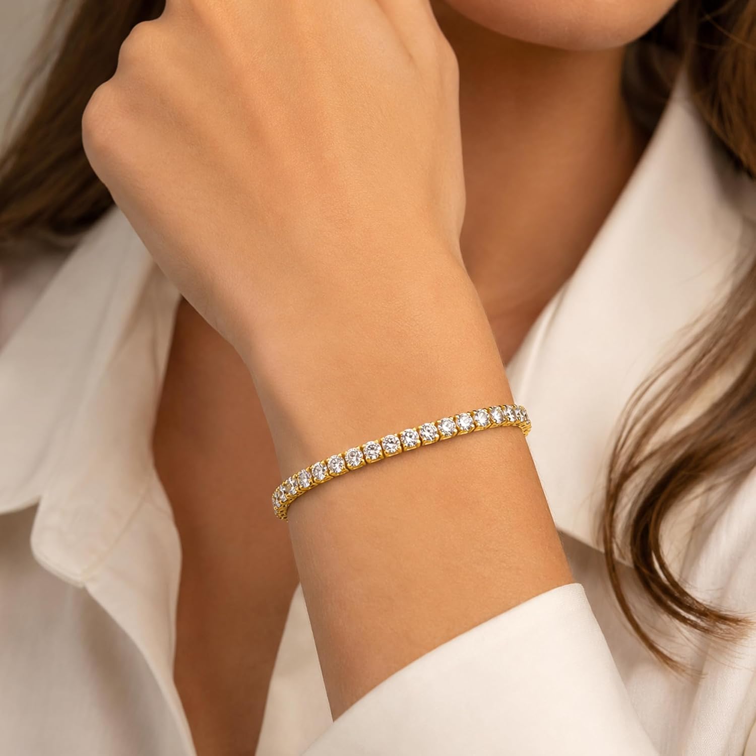 Classic four-prong lab-grown diamond tennis bracelet in 14K yellow gold, adjustable 6.5-8 inch link design