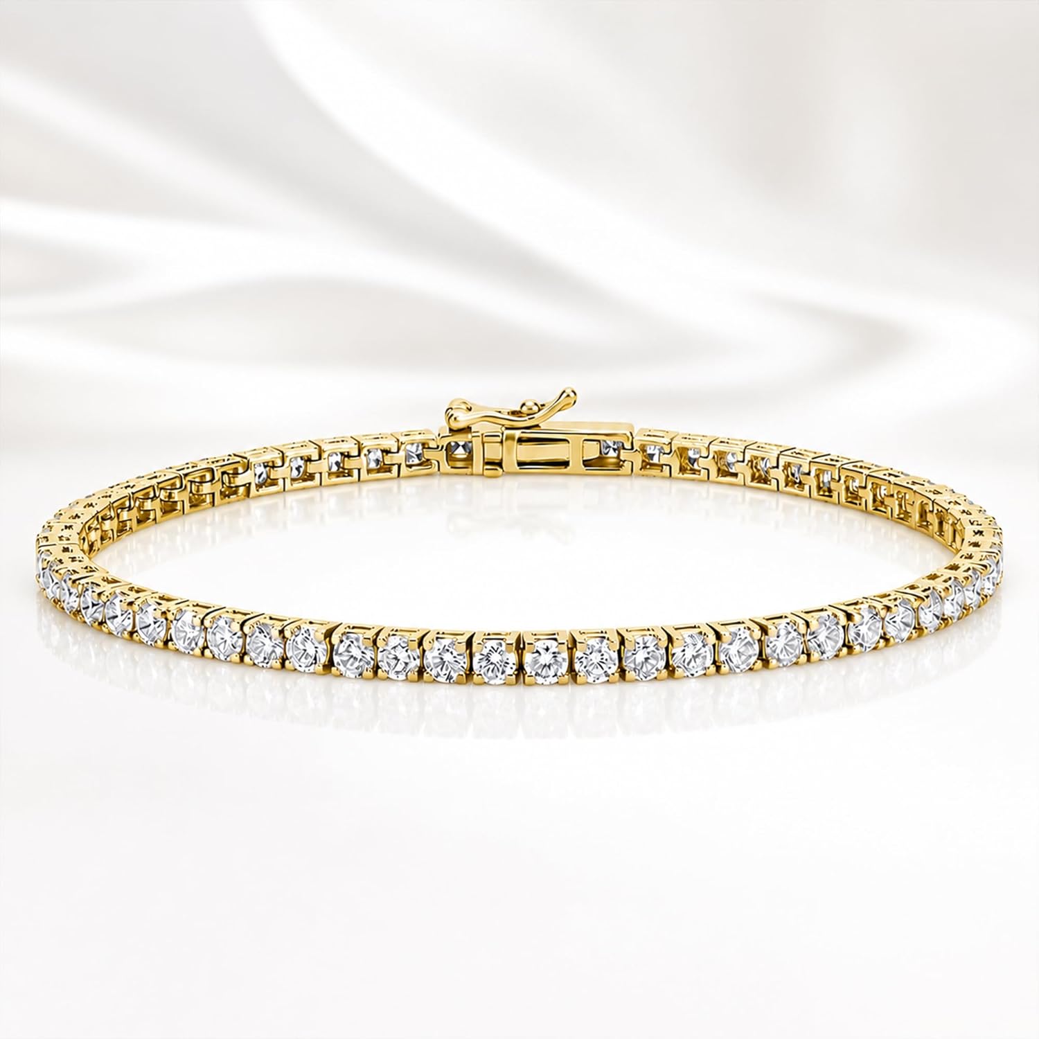 Classic four-prong lab-grown diamond tennis bracelet in 14K yellow gold, adjustable 6.5-8 inch link design