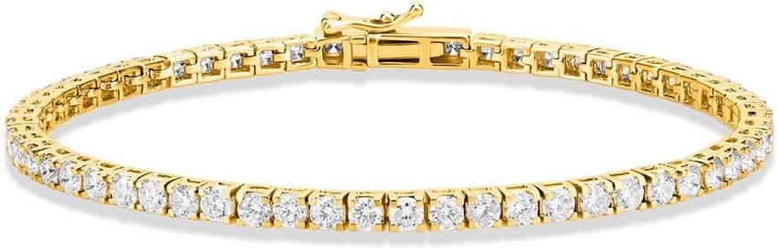 Classic four-prong lab-grown diamond tennis bracelet in 14K yellow gold, adjustable 6.5-8 inch link design