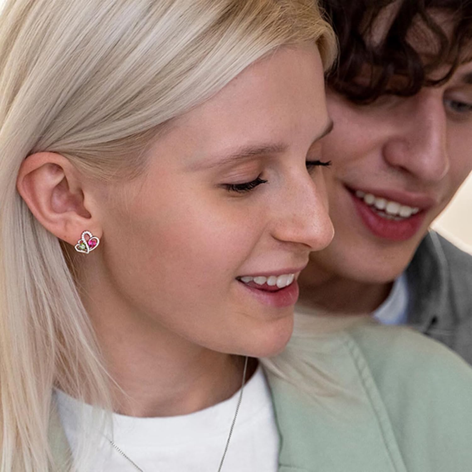 925 sterling silver double heart birthstone stud earrings with personalized gemstones, romantic style
