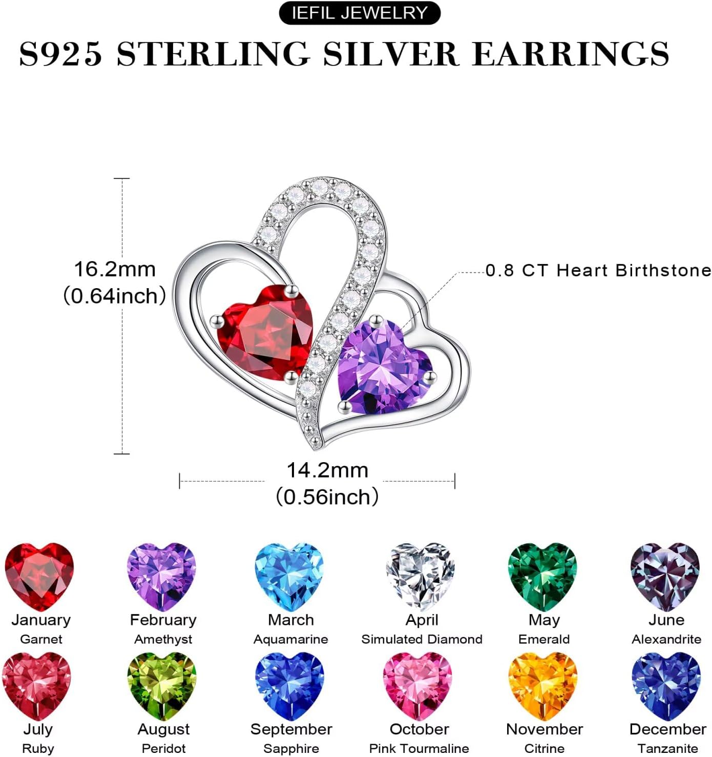 925 sterling silver double heart birthstone stud earrings with personalized gemstones, romantic style