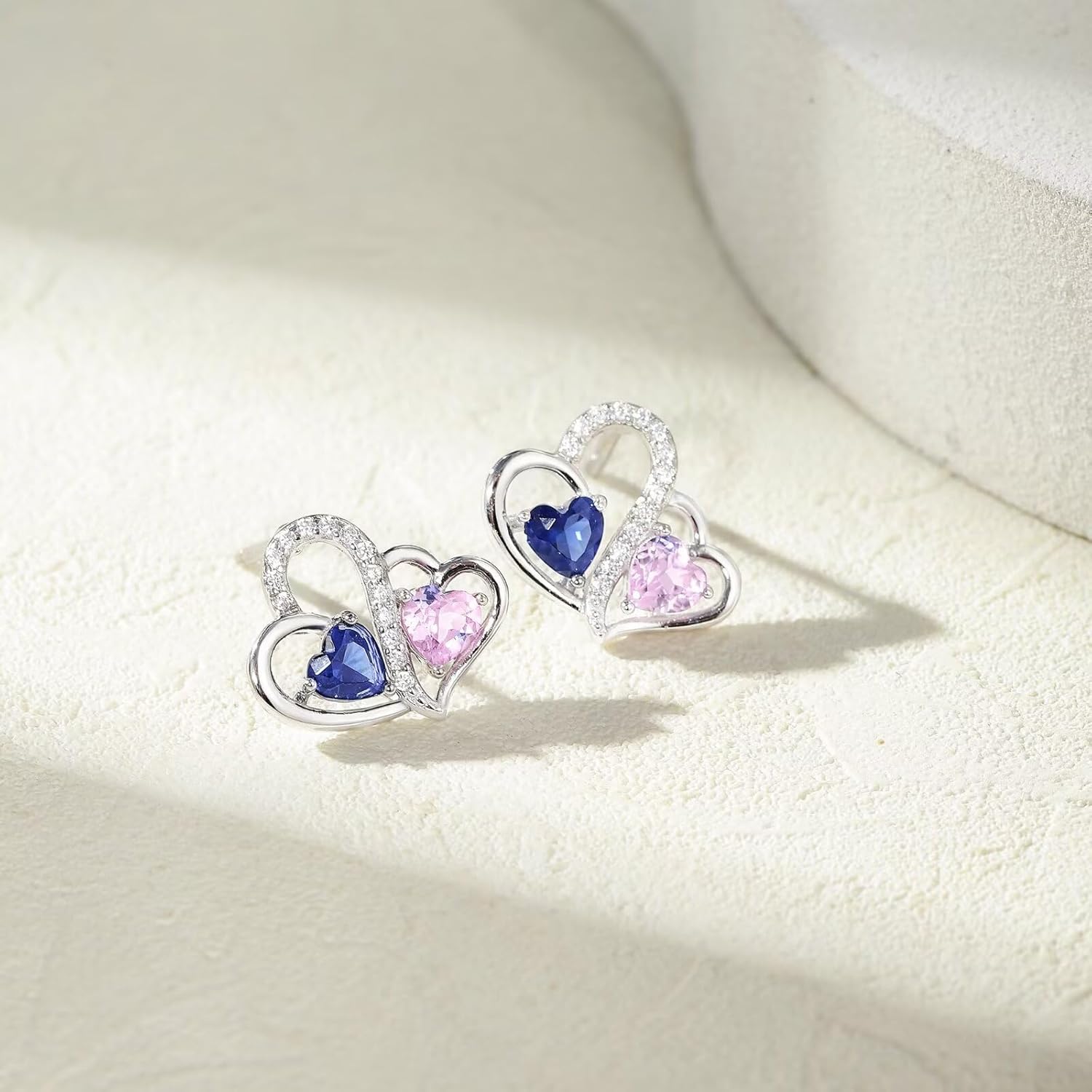 925 sterling silver double heart birthstone stud earrings with personalized gemstones, romantic style