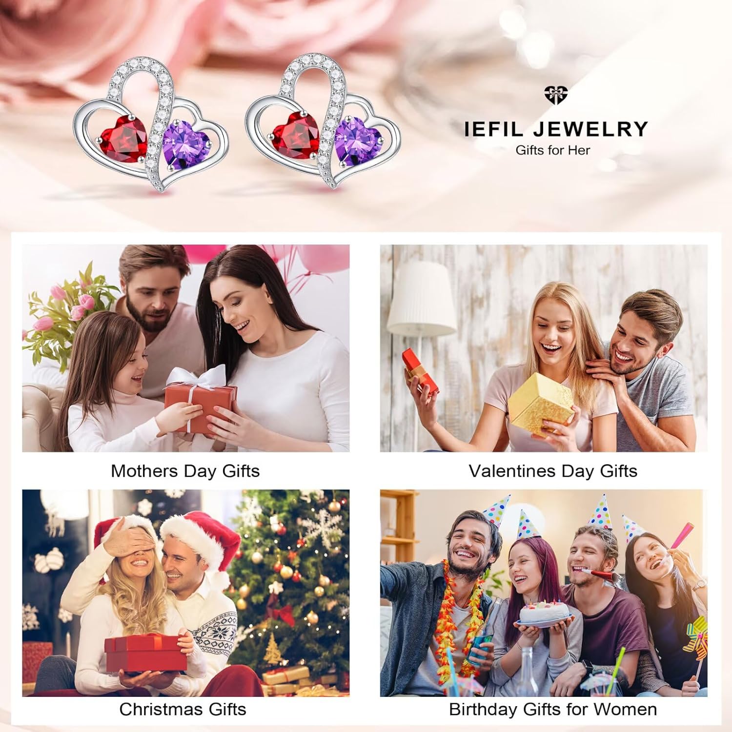 925 sterling silver double heart birthstone stud earrings with personalized gemstones, romantic style