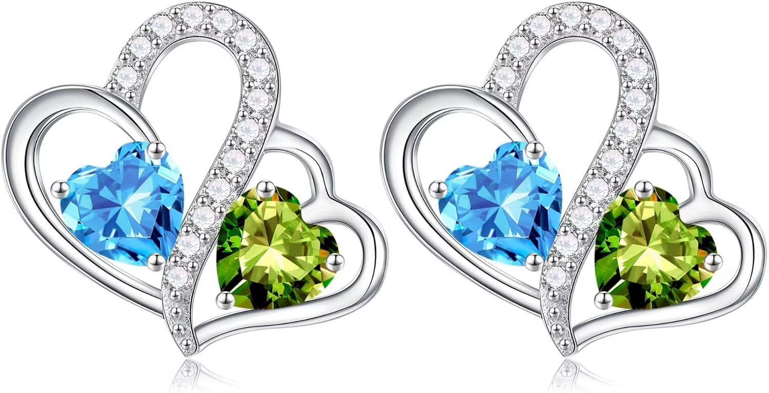 925 sterling silver double heart birthstone stud earrings with personalized gemstones, romantic style