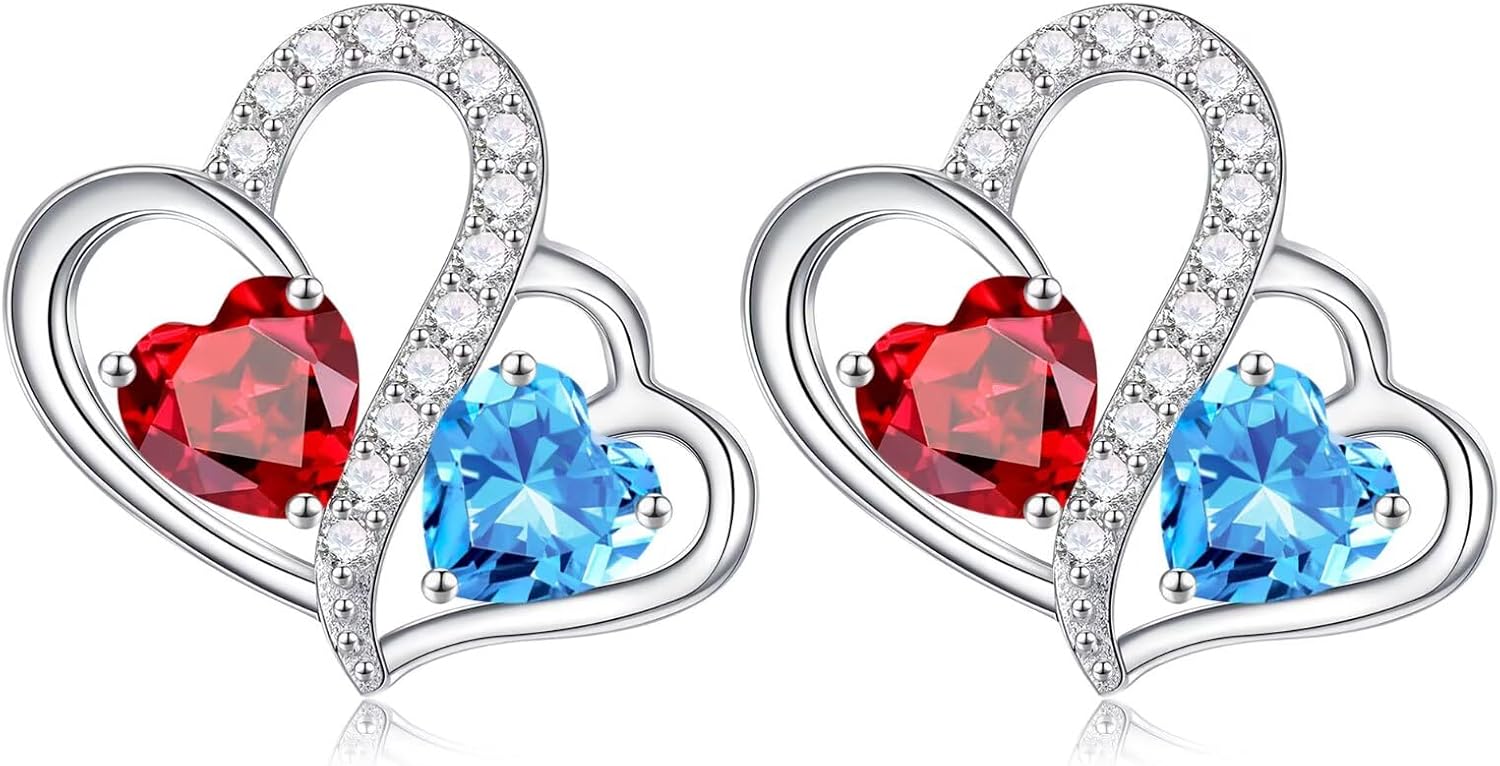 925 sterling silver double heart birthstone stud earrings with personalized gemstones, romantic style