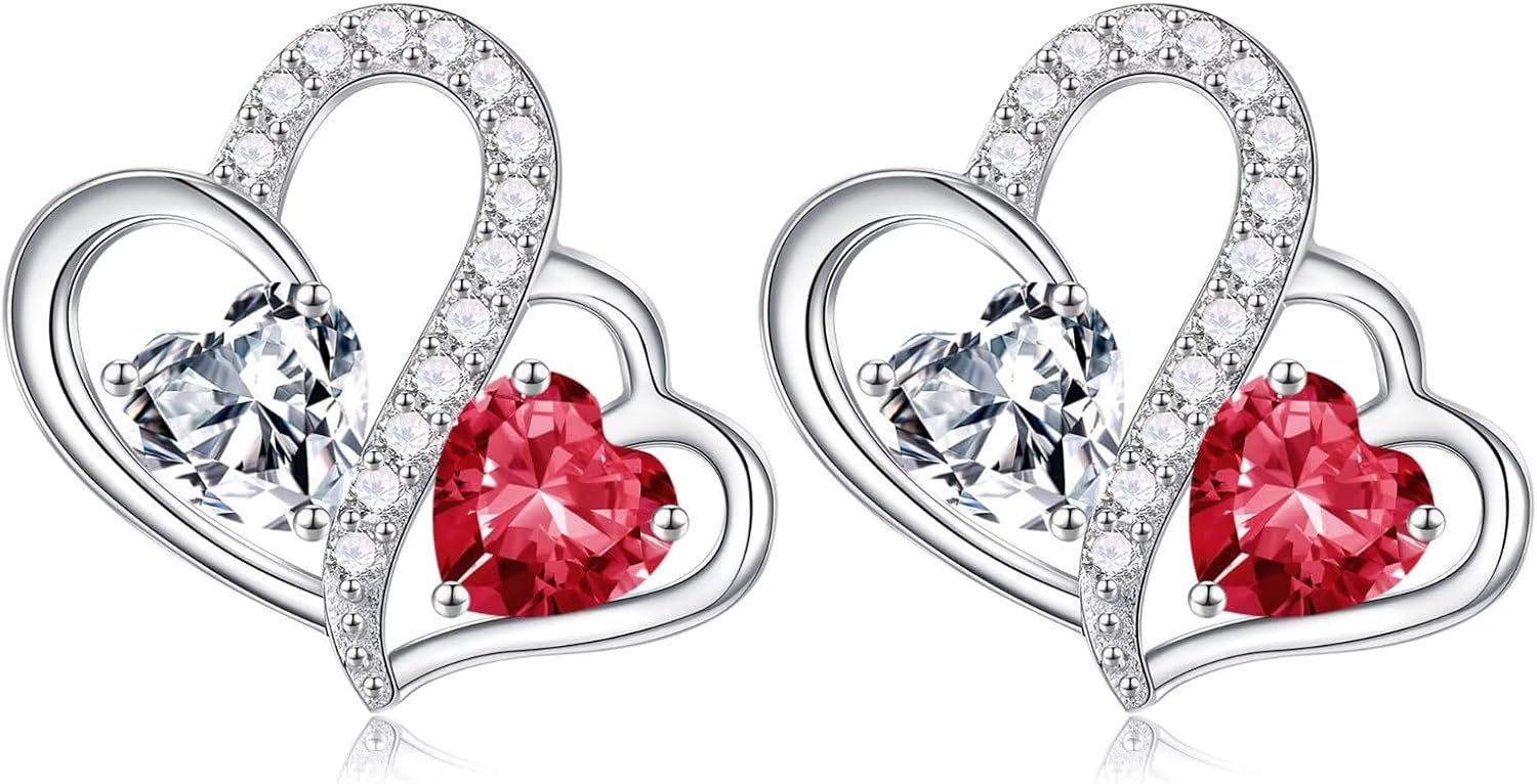 925 sterling silver double heart birthstone stud earrings with personalized gemstones, romantic style