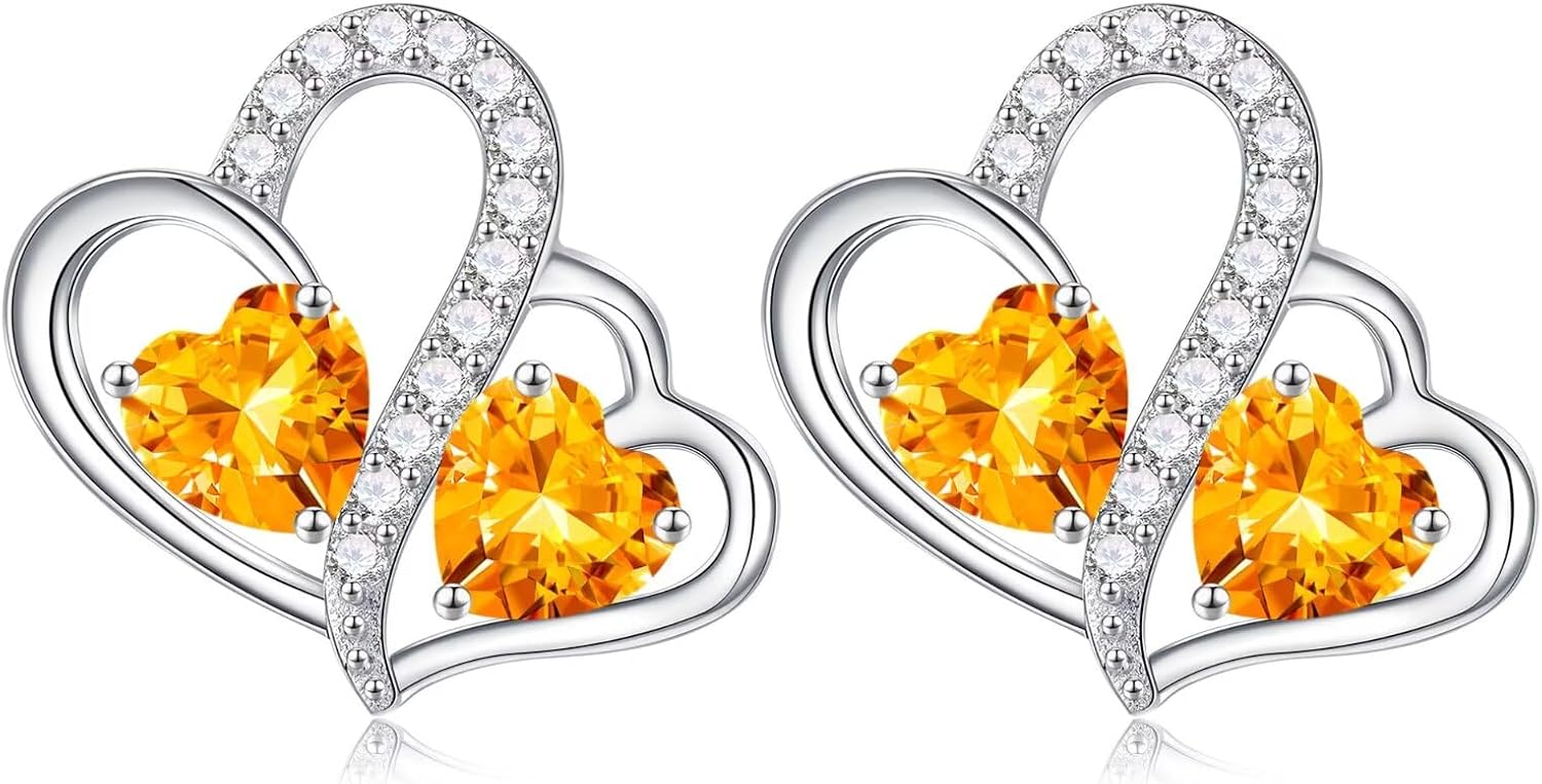 925 sterling silver double heart birthstone stud earrings with personalized gemstones, romantic style