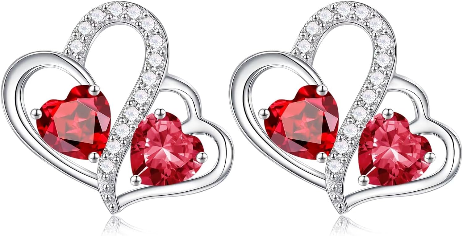 925 sterling silver double heart birthstone stud earrings with personalized gemstones, romantic style