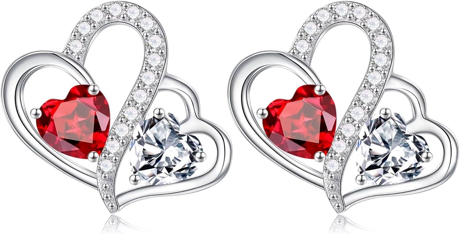 925 sterling silver double heart birthstone stud earrings with personalized gemstones, romantic style