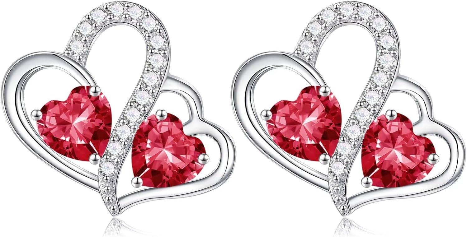 925 sterling silver double heart birthstone stud earrings with personalized gemstones, romantic style