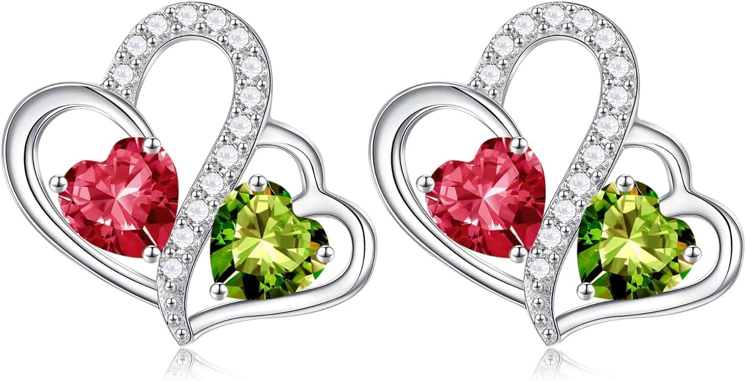 925 sterling silver double heart birthstone stud earrings with personalized gemstones, romantic style