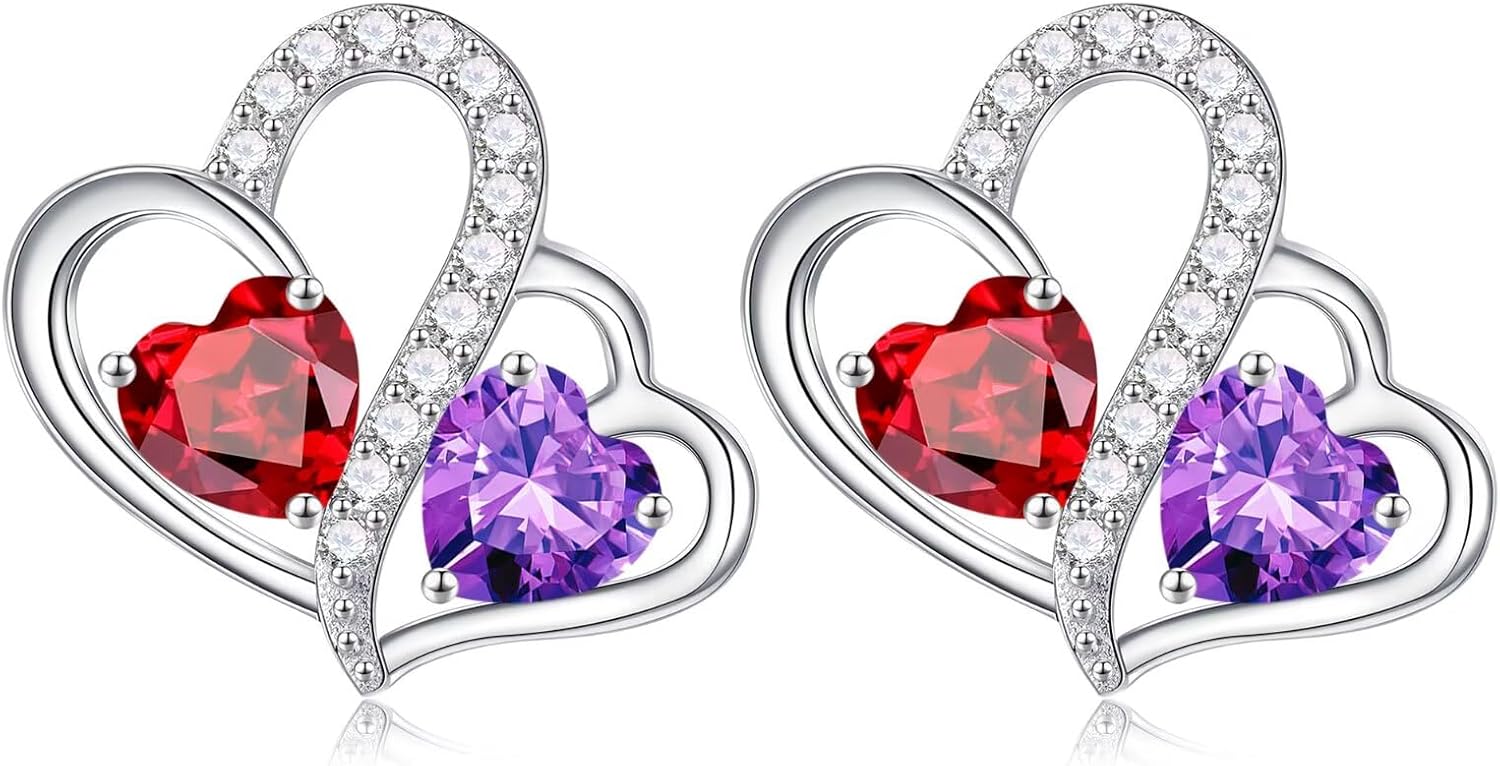 925 sterling silver double heart birthstone stud earrings with personalized gemstones, romantic style