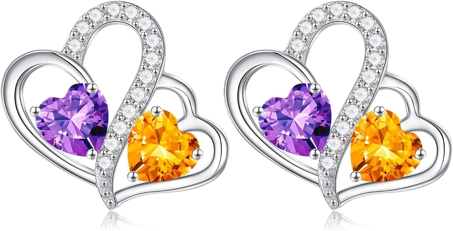 925 sterling silver double heart birthstone stud earrings with personalized gemstones, romantic style