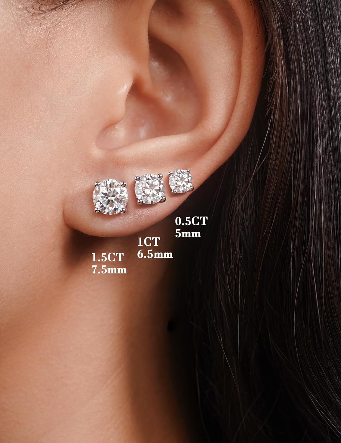 Sterling silver moissanite stud earrings with round brilliant cut stones, classic minimalist style