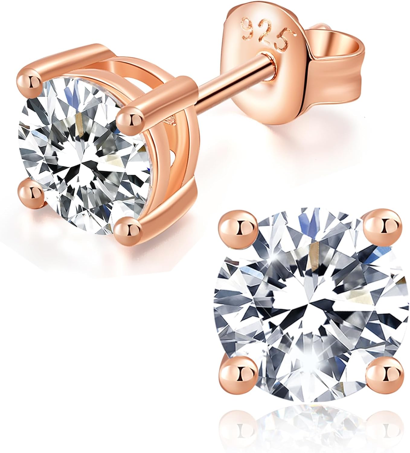 Sterling silver moissanite stud earrings with round brilliant cut stones, classic minimalist style