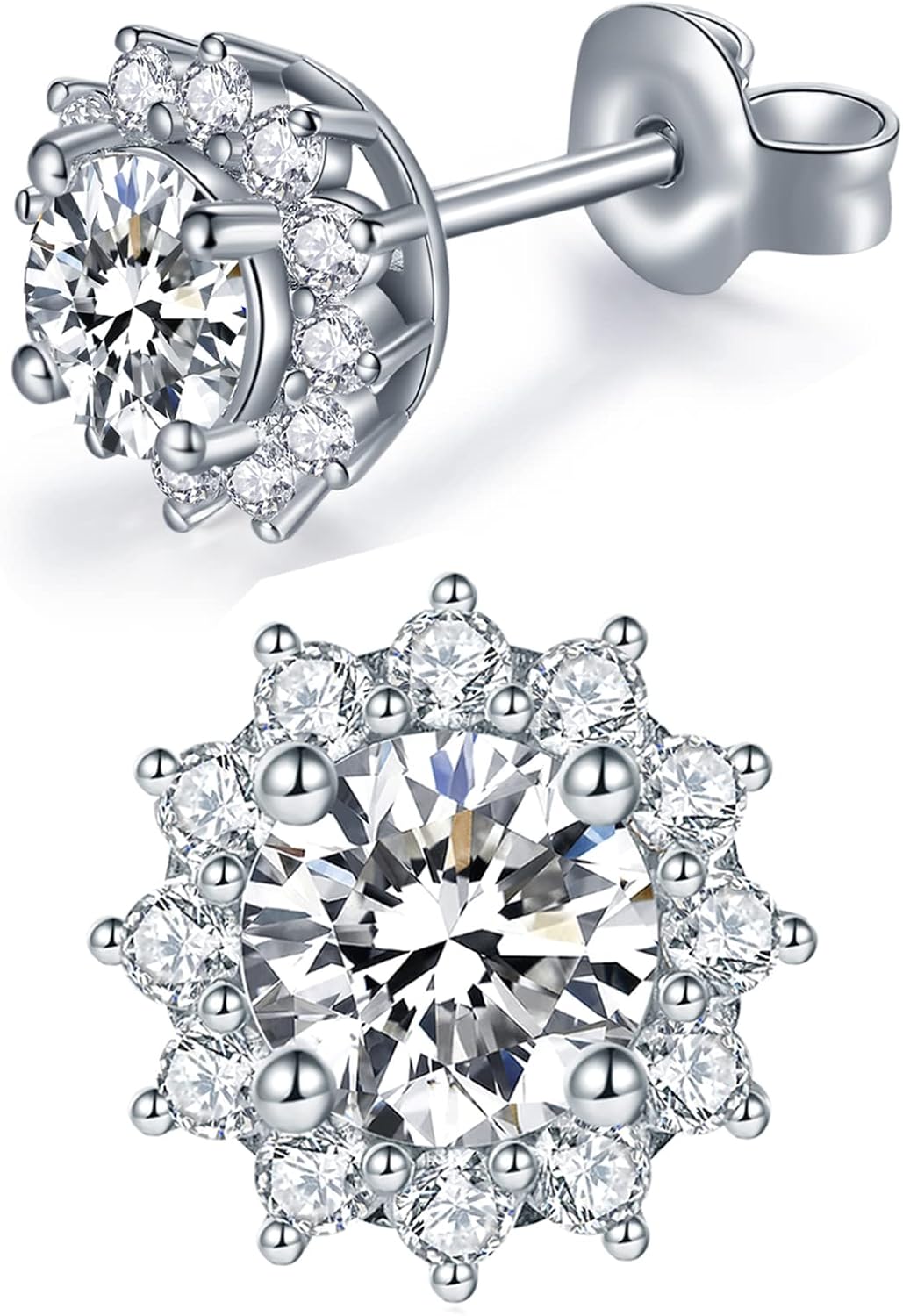 Sterling silver moissanite stud earrings with round brilliant cut stones, classic minimalist style