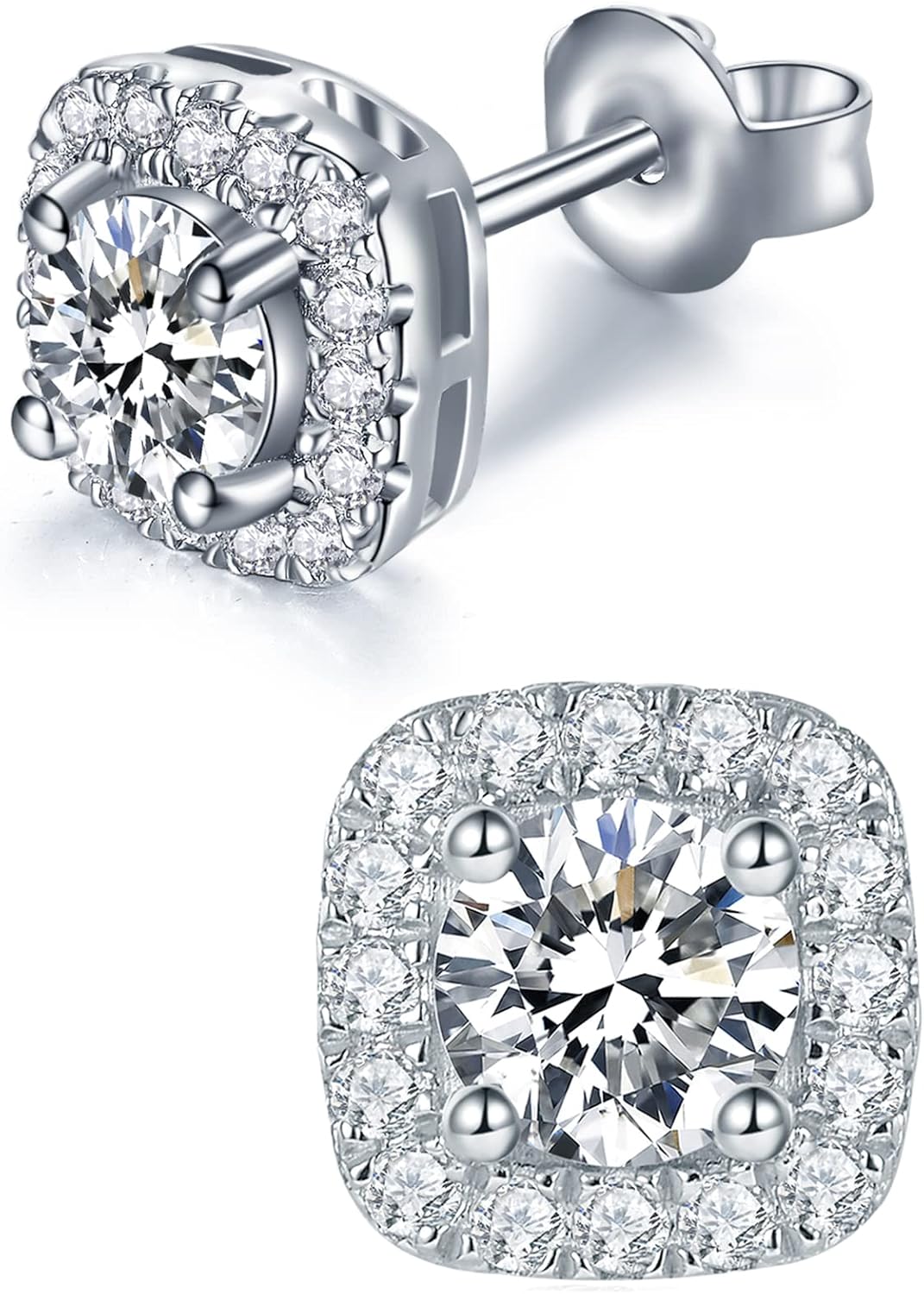 Sterling silver moissanite stud earrings with round brilliant cut stones, classic minimalist style
