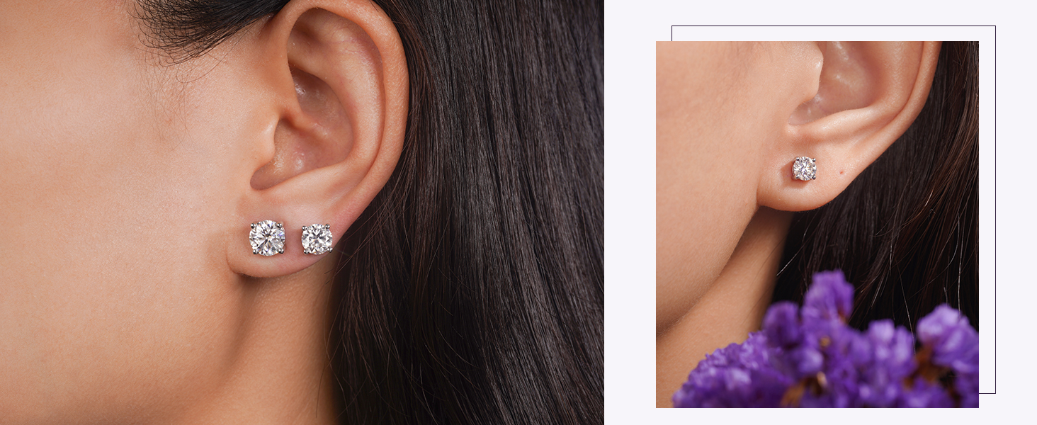 Sterling silver moissanite stud earrings with round brilliant cut stones, classic minimalist style
