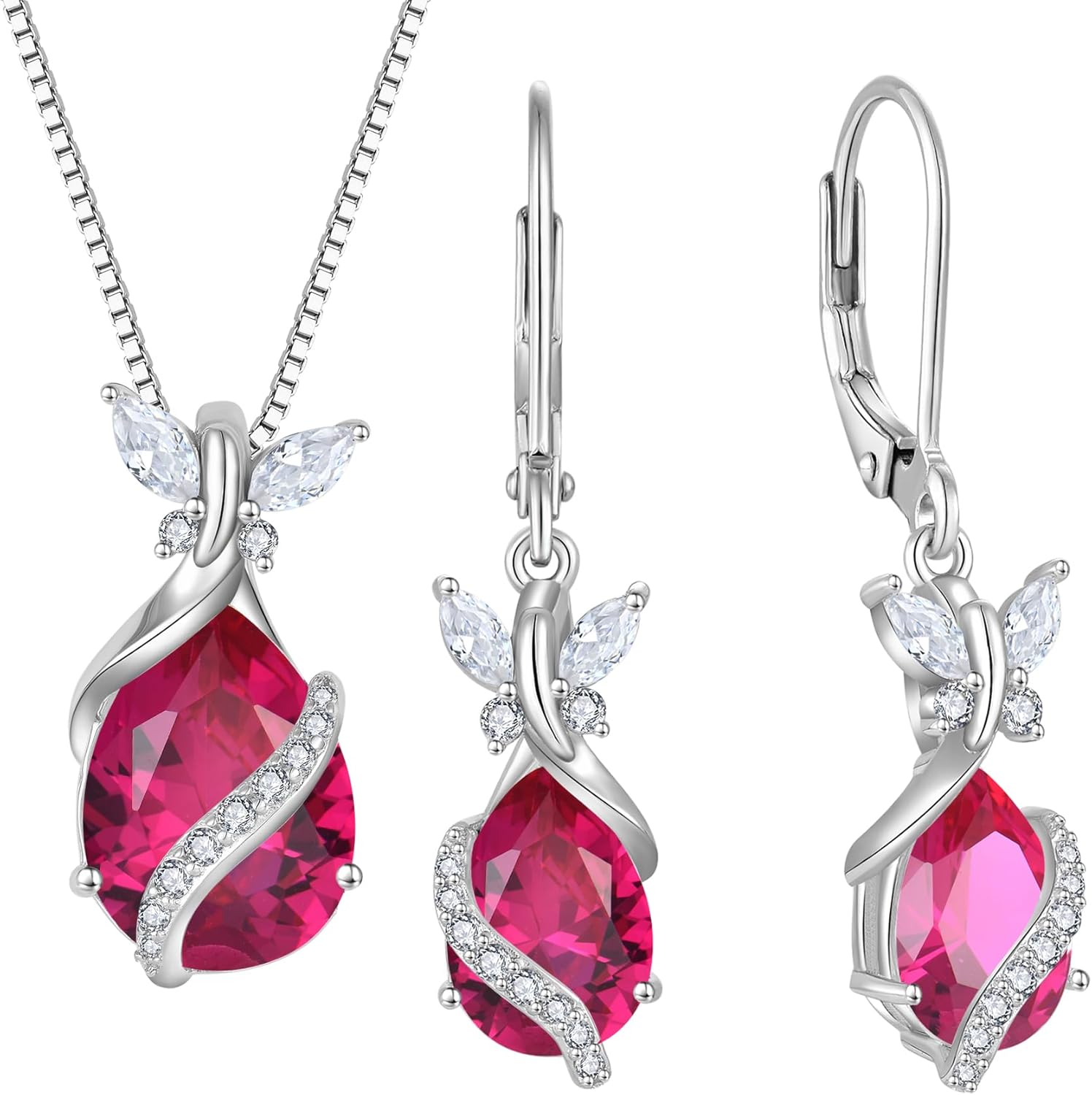 Sterling silver butterfly necklace and earring set with ruby stones, 18-inch chain, modern hypoallergenic design for women