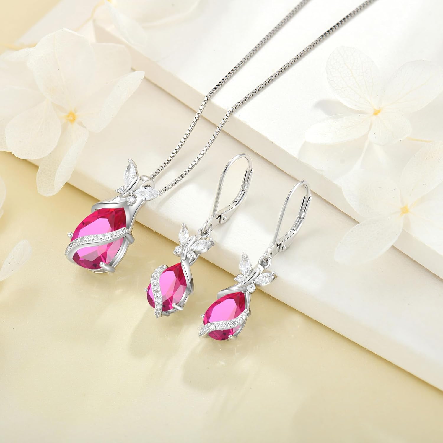 Sterling silver butterfly necklace and earring set with ruby stones, 18-inch chain, modern hypoallergenic design for women