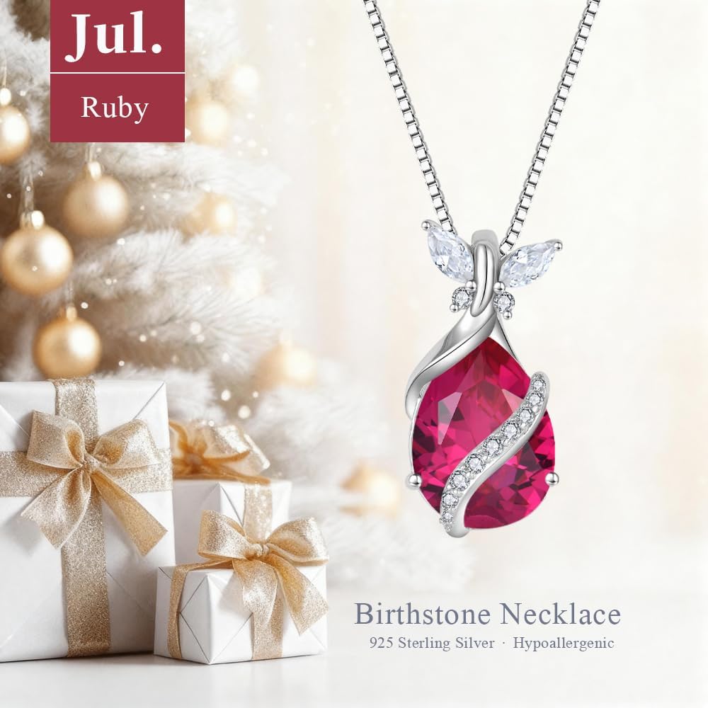 Sterling silver butterfly necklace and earring set with ruby stones, 18-inch chain, modern hypoallergenic design for women