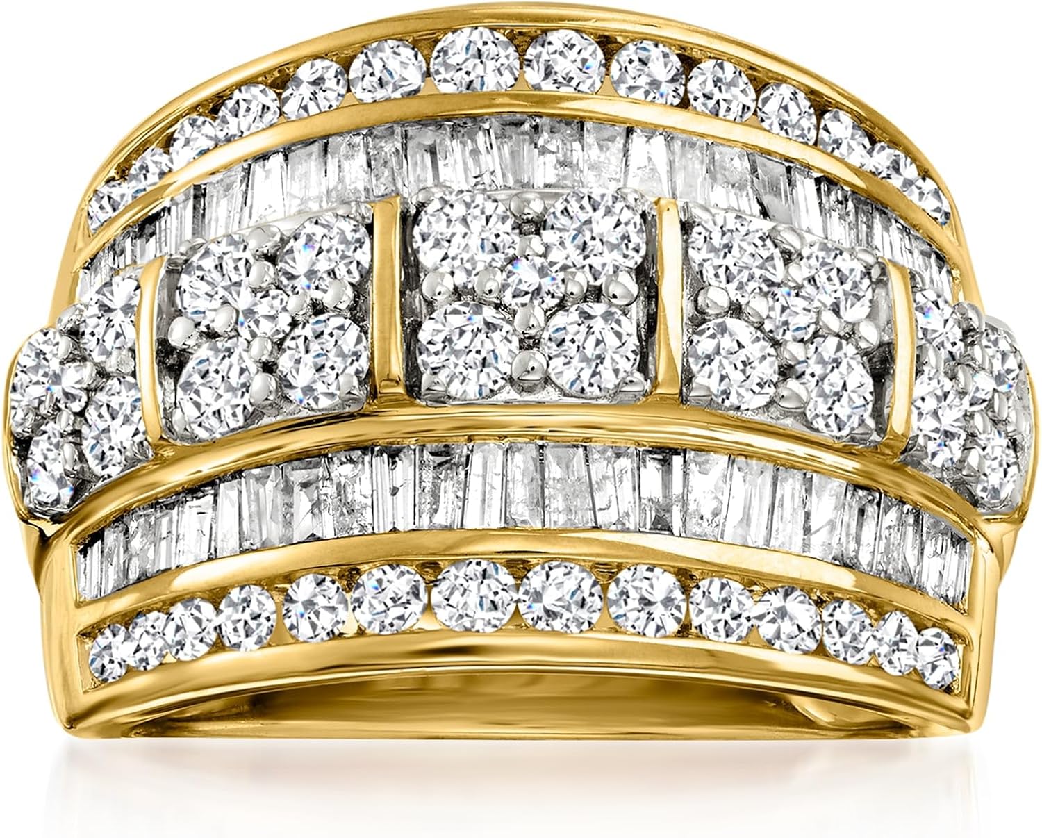 Round and baguette diamond multi-row statement ring in 14kt yellow gold