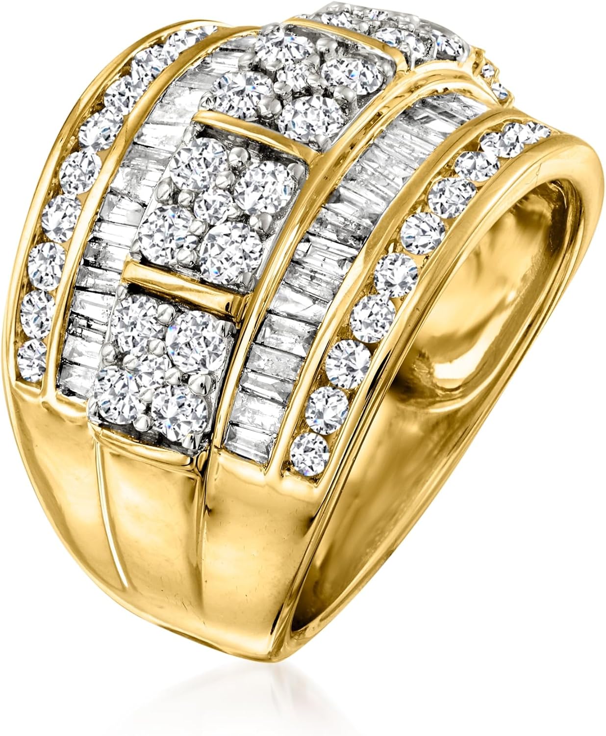 Round and baguette diamond multi-row statement ring in 14kt yellow gold