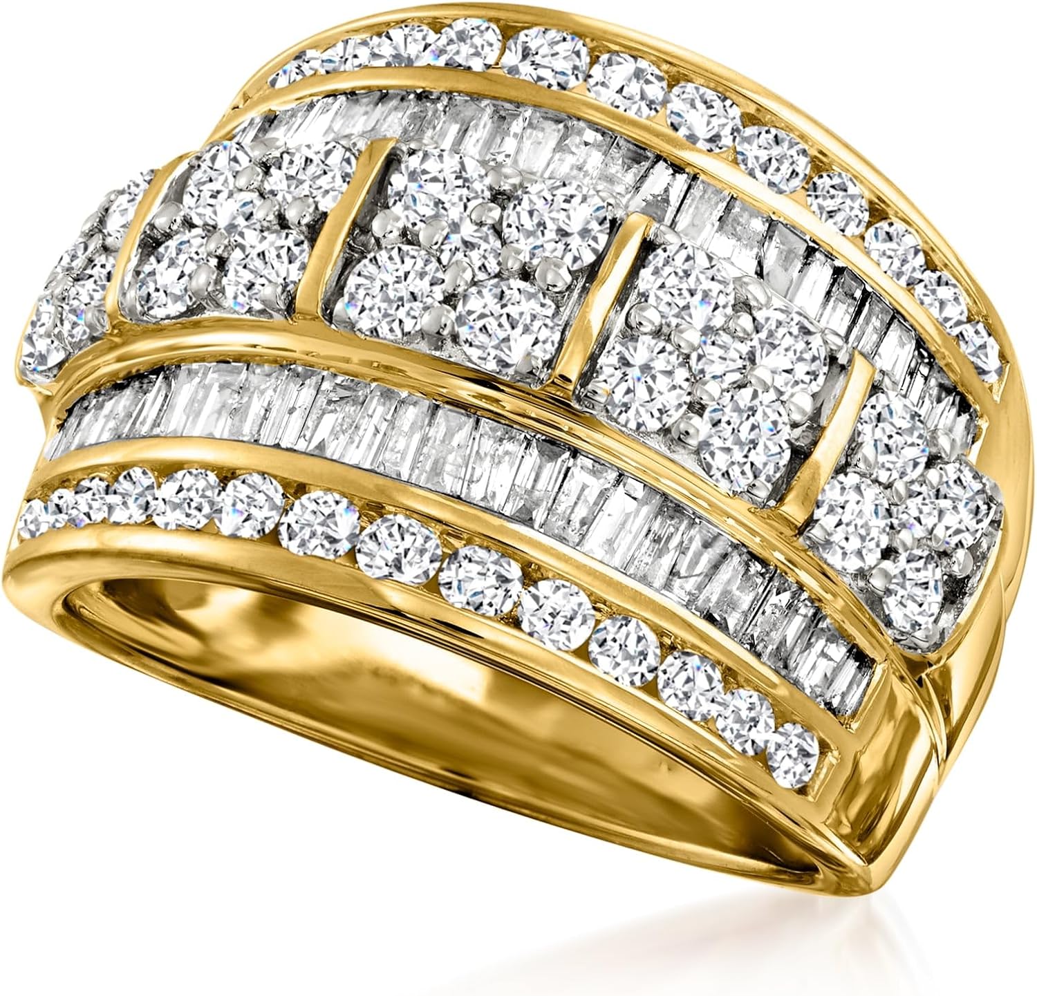 Round and baguette diamond multi-row statement ring in 14kt yellow gold