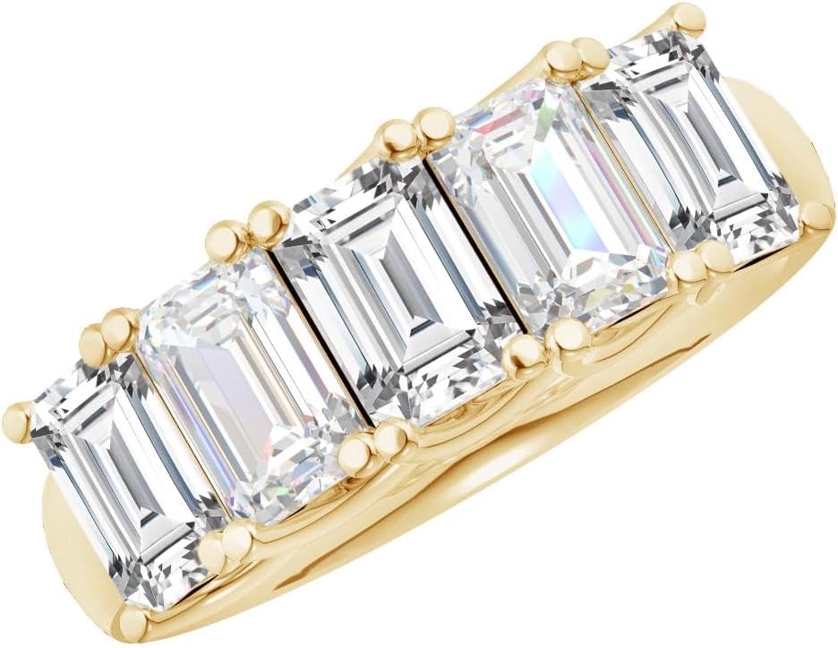 14K white gold emerald cut lab diamond 5 stone wedding band ring with classic band design