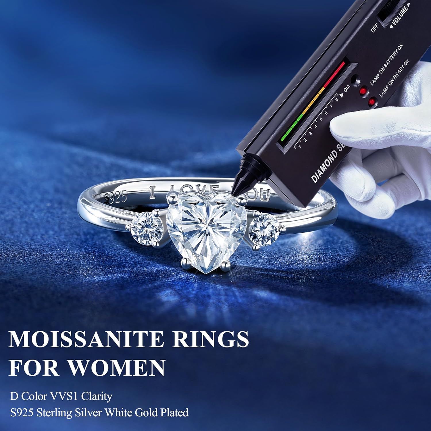 Sterling silver heart cut moissanite engagement ring with brilliant sparkle, romantic style