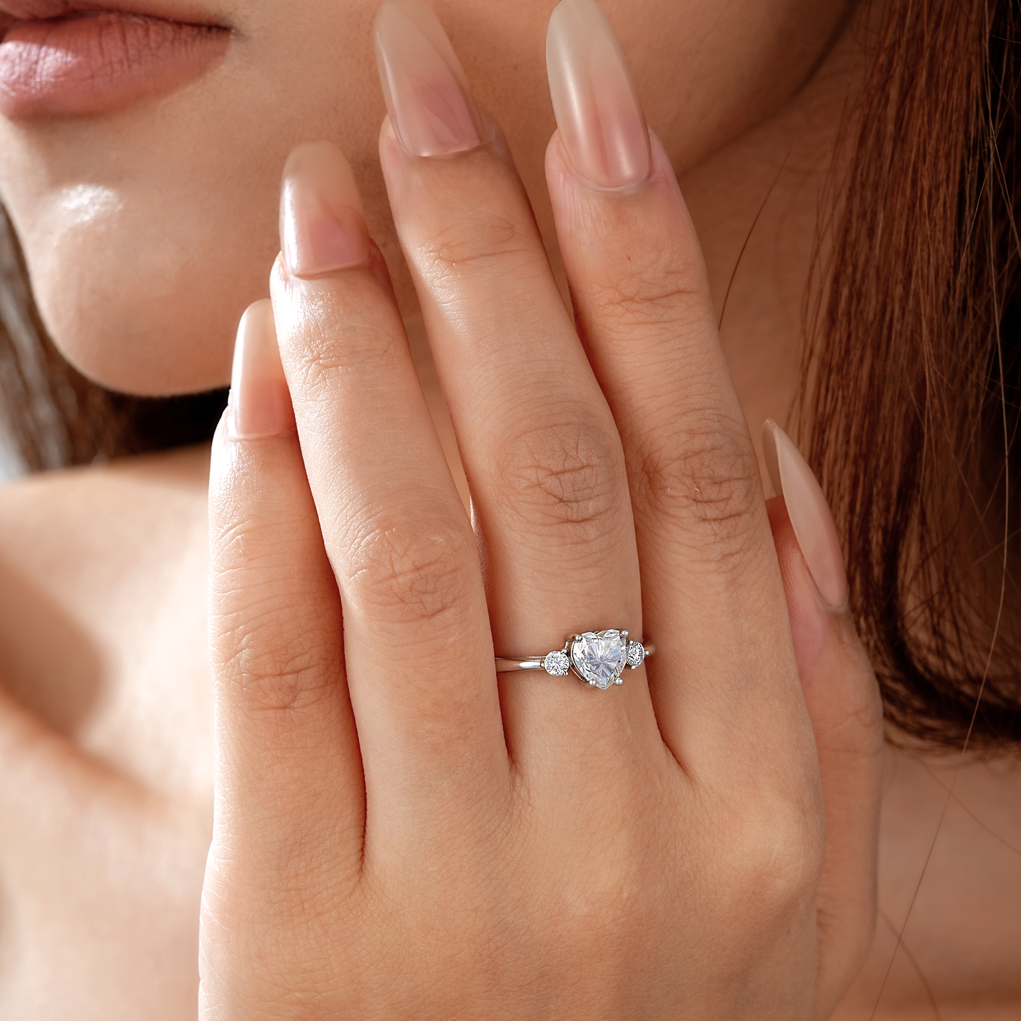 Sterling silver heart cut moissanite engagement ring with brilliant sparkle, romantic style