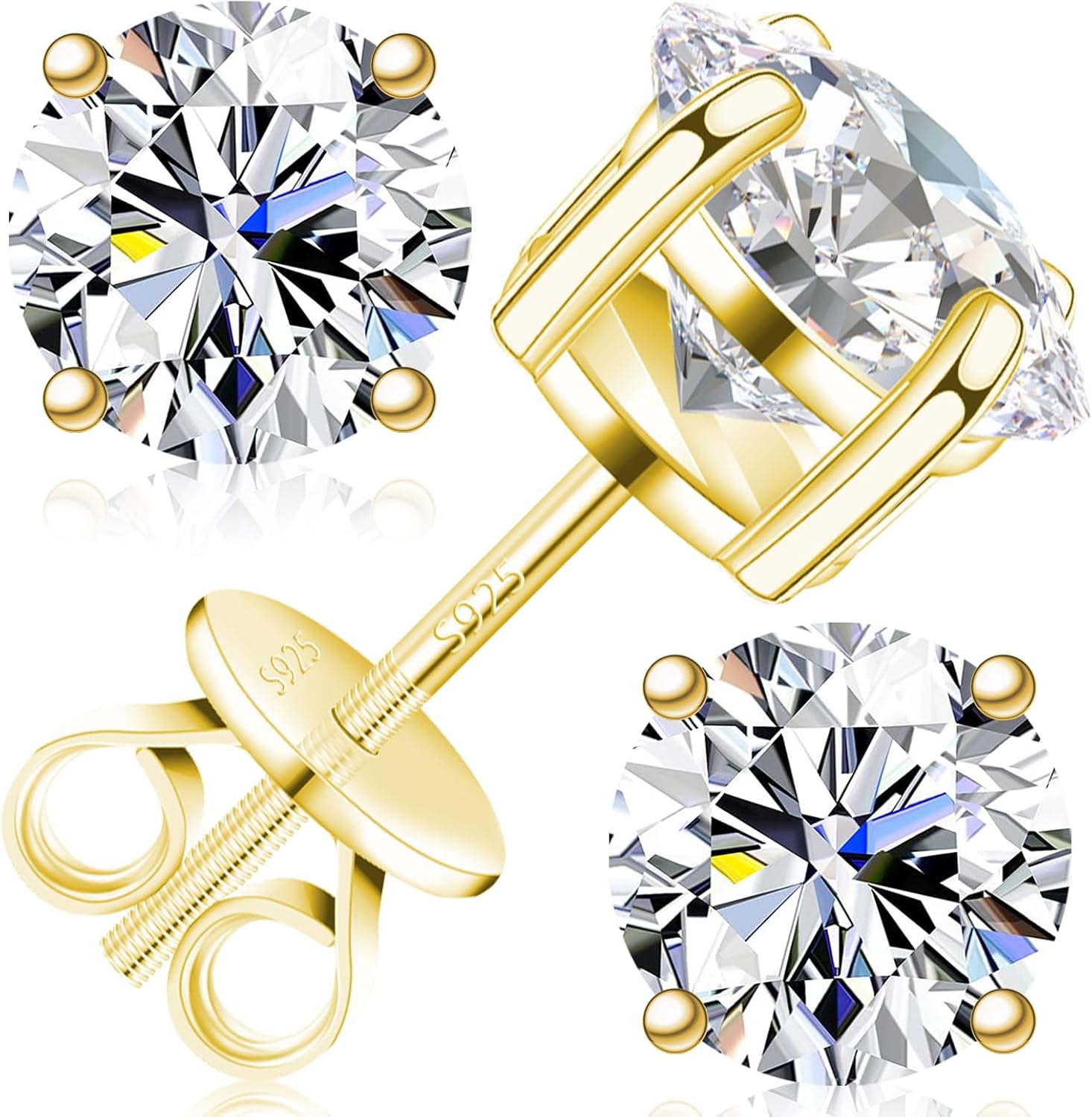 Round moissanite stud earrings in 925 sterling silver with classic diamond-cut brilliance, available in multiple carat weights