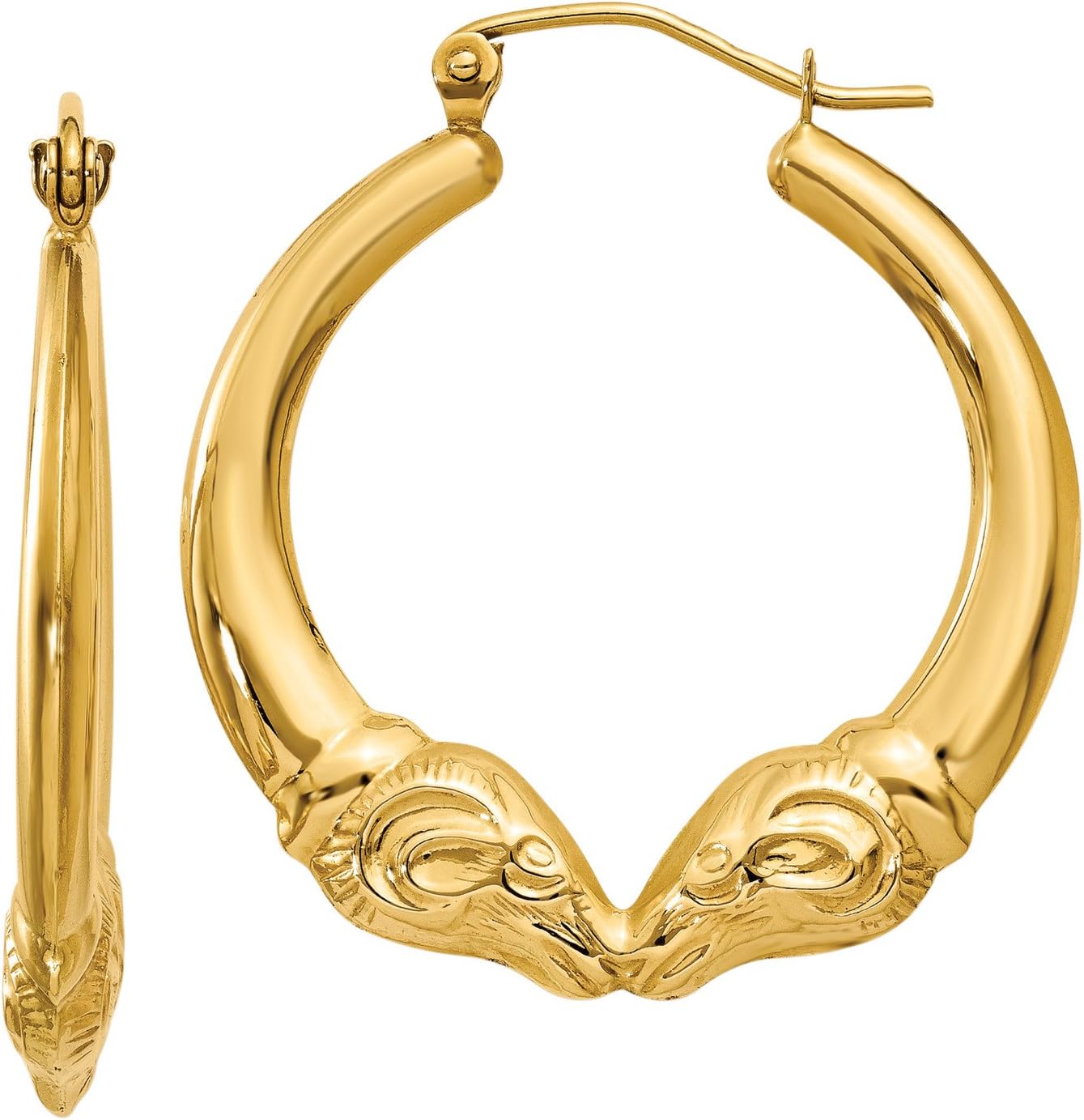 14K gold ram head hoop earrings, 1 inch diameter, statement style