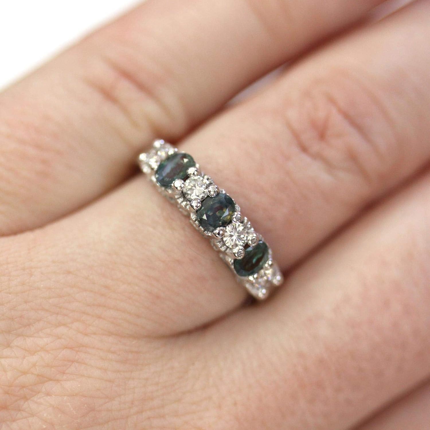 14k white gold anniversary band ring with natural alexandrite center stone surrounded by diamonds, 4.5mm band width