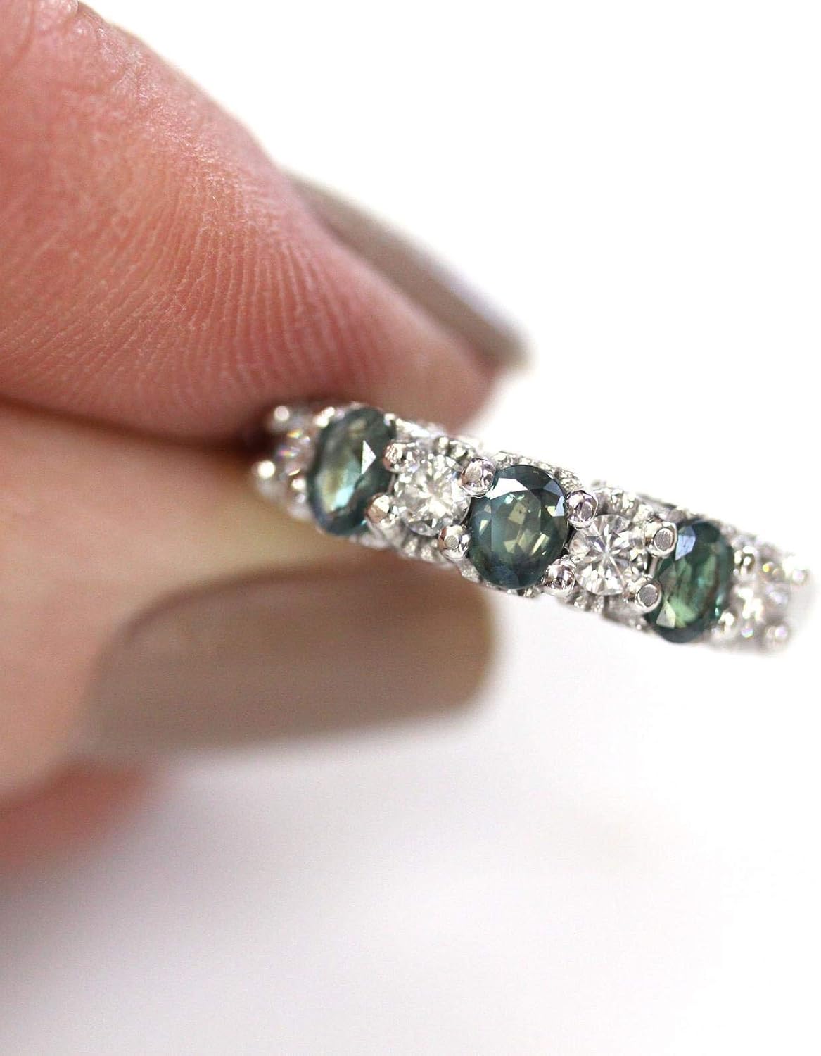 14k white gold anniversary band ring with natural alexandrite center stone surrounded by diamonds, 4.5mm band width