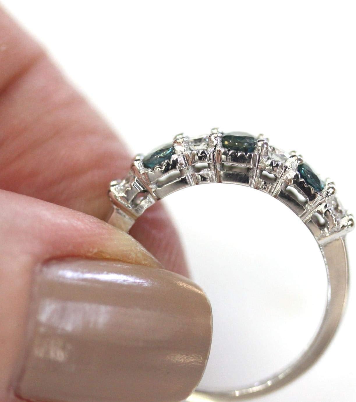 14k white gold anniversary band ring with natural alexandrite center stone surrounded by diamonds, 4.5mm band width