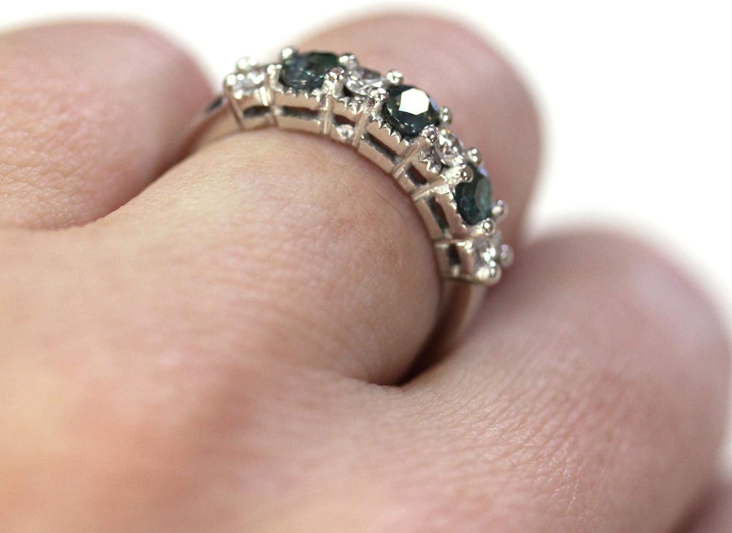 14k white gold anniversary band ring with natural alexandrite center stone surrounded by diamonds, 4.5mm band width