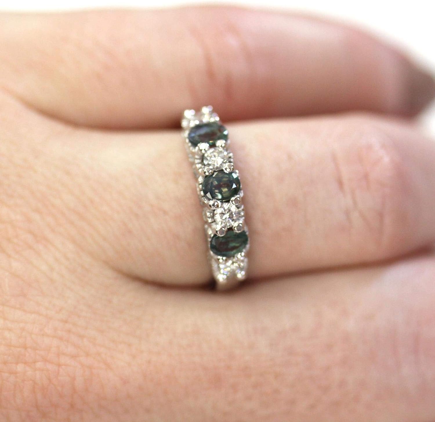 14k white gold anniversary band ring with natural alexandrite center stone surrounded by diamonds, 4.5mm band width