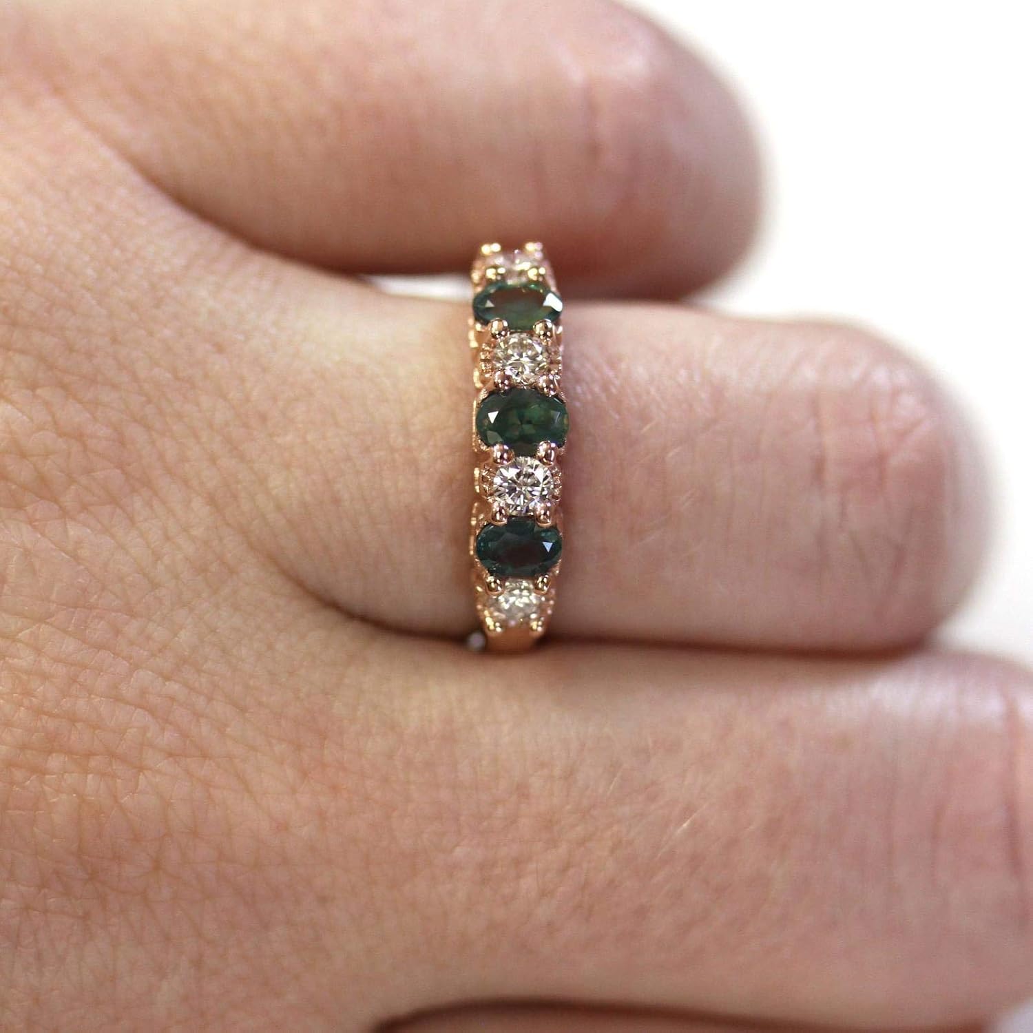 14k white gold anniversary band ring with natural alexandrite center stone surrounded by diamonds, 4.5mm band width