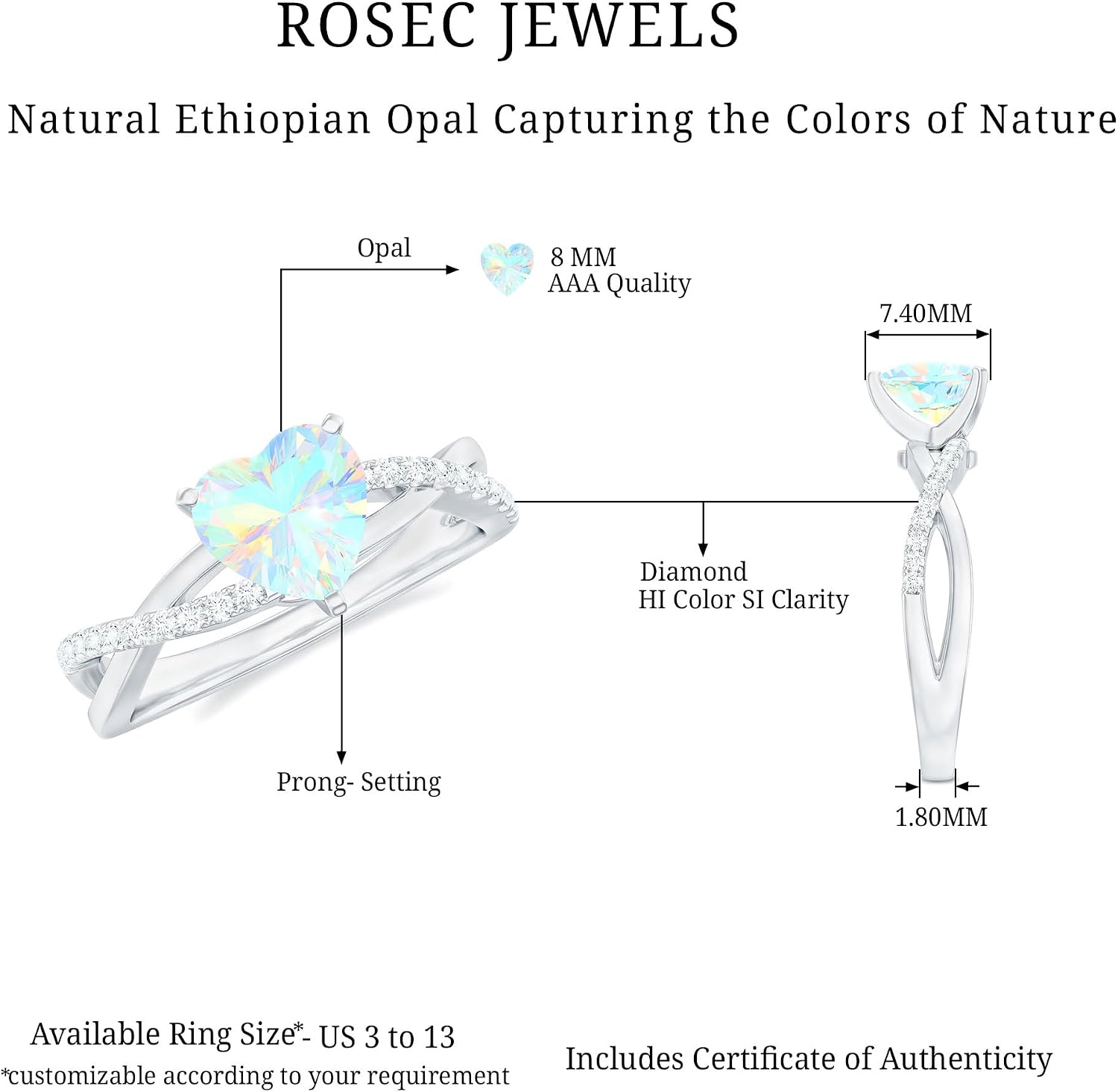 Sterling silver engagement ring featuring a heart-shaped Ethiopian opal stone with diamond accents, modern fine jewelry design