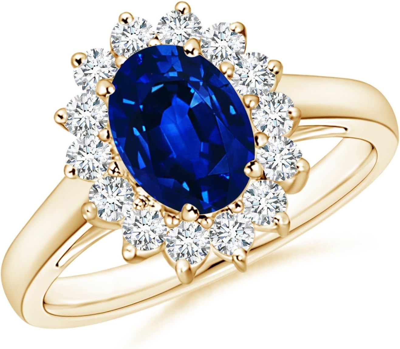 Blue sapphire halo ring in 14K gold and platinum with romantic princess Diana inspired design