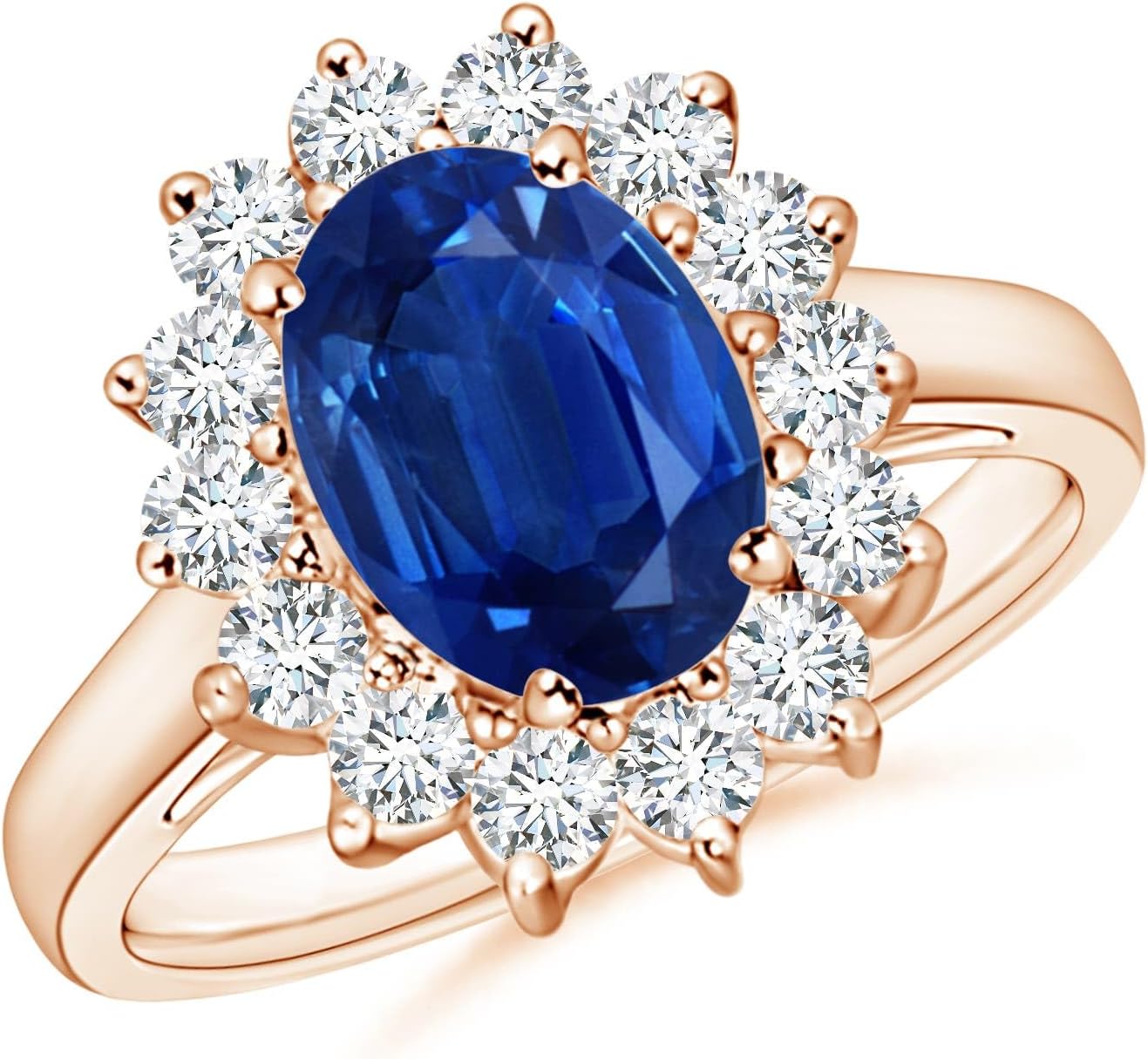 Blue sapphire halo ring in 14K gold and platinum with romantic princess Diana inspired design