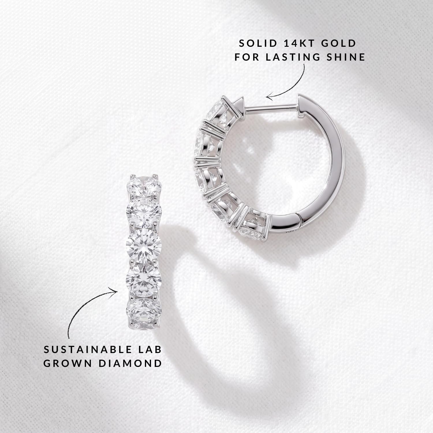 Small modern diamond hoop earrings in 14k gold with lab-grown diamonds, jewelry gift for women