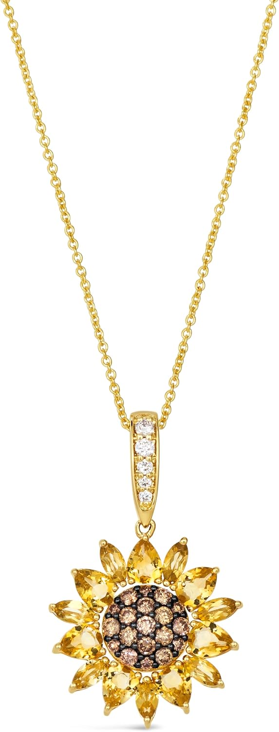 14k yellow gold sunflower pendant necklace with chocolate diamonds and citrine stones, 20-inch chain with lobster claw clasp