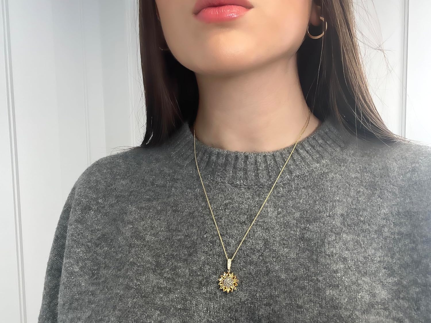 14k yellow gold sunflower pendant necklace with chocolate diamonds and citrine stones, 20-inch chain with lobster claw clasp