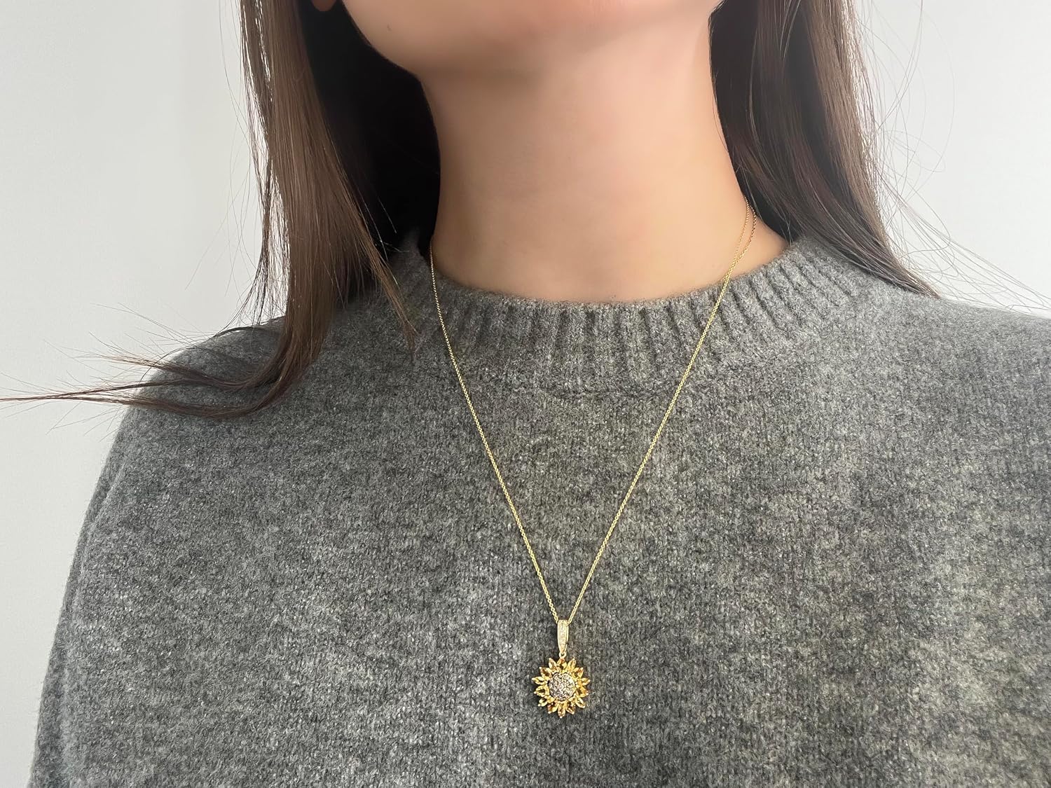 14k yellow gold sunflower pendant necklace with chocolate diamonds and citrine stones, 20-inch chain with lobster claw clasp