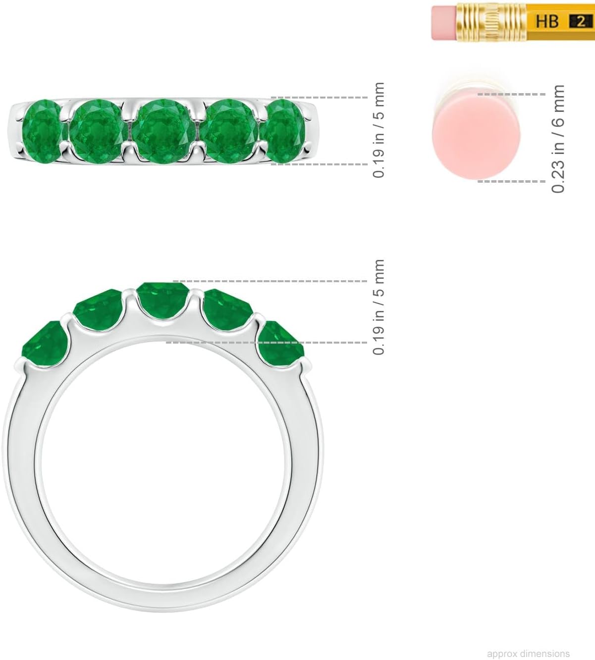 Emerald half eternity wedding band in 14K gold with shared prong setting, romantic gemstone design