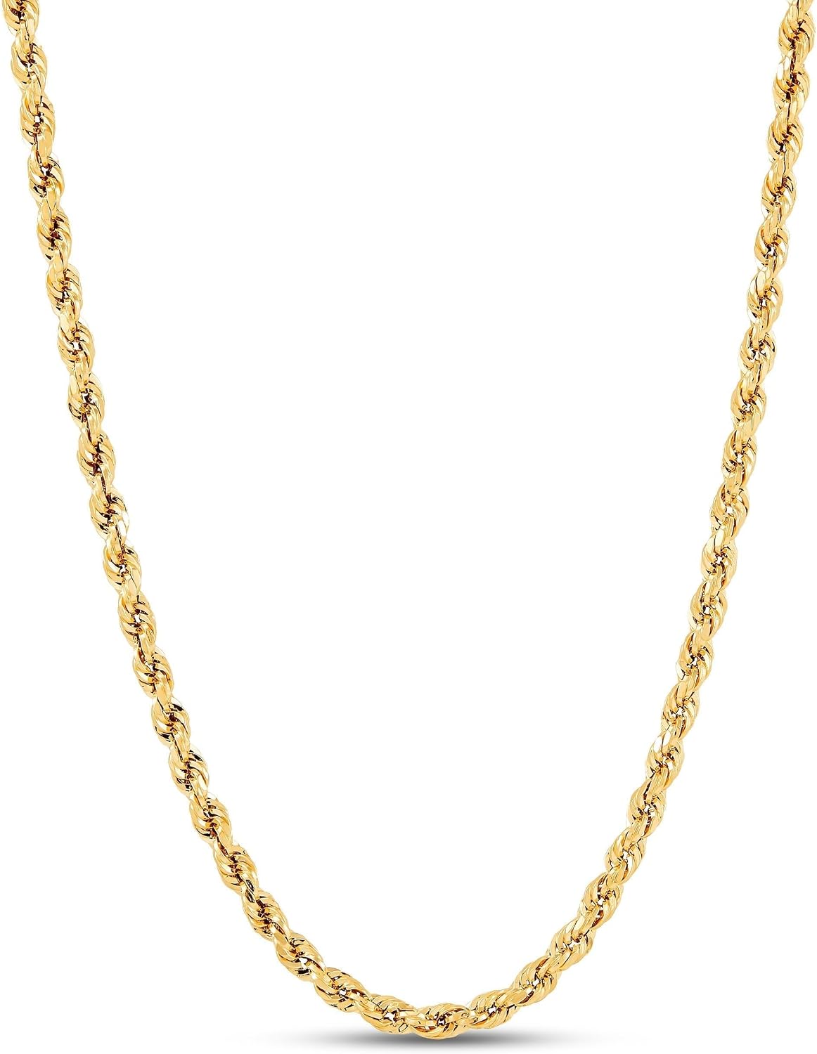Solid 10K yellow gold rope chain necklace with diamond cut texture and lobster claw clasp, available in multiple widths